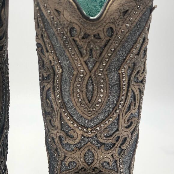 Corral Inlay Flower Embroidery Studded Leather Square Toe Western Boots Size 7 - Picture 11 of 14